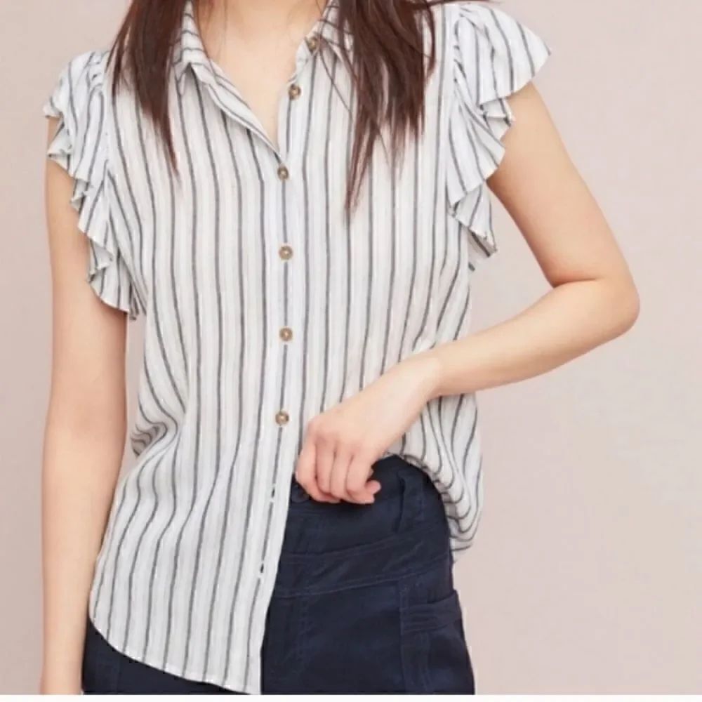 Anthropologie Maeve Fairhope White Stripe ButtonDown Flutter Sleeve Blouse Top S